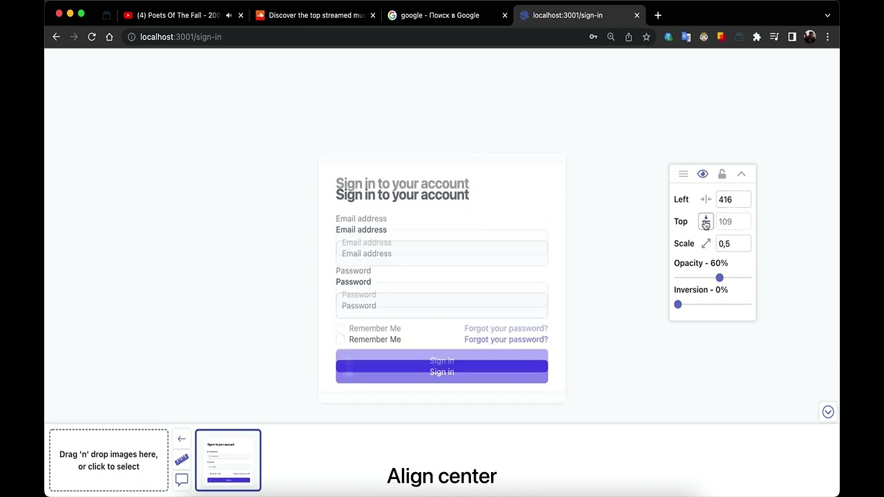 Pixel Perfect Pro Extension in action showing alignment of a login form